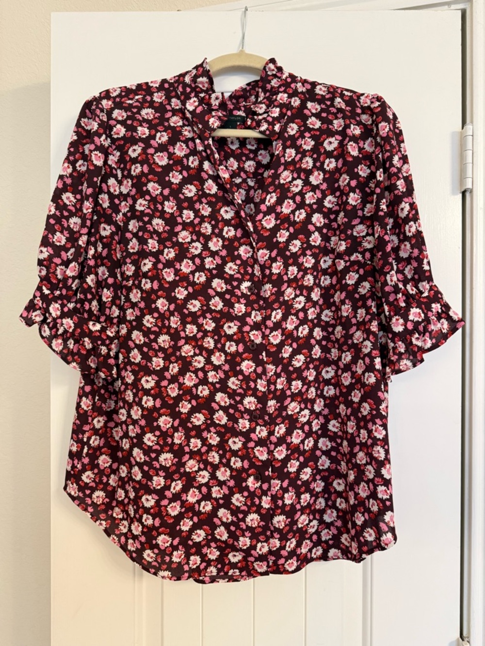 Ann Taylor Burgundy Floral Ruffle Collar and Sleeve Blouse